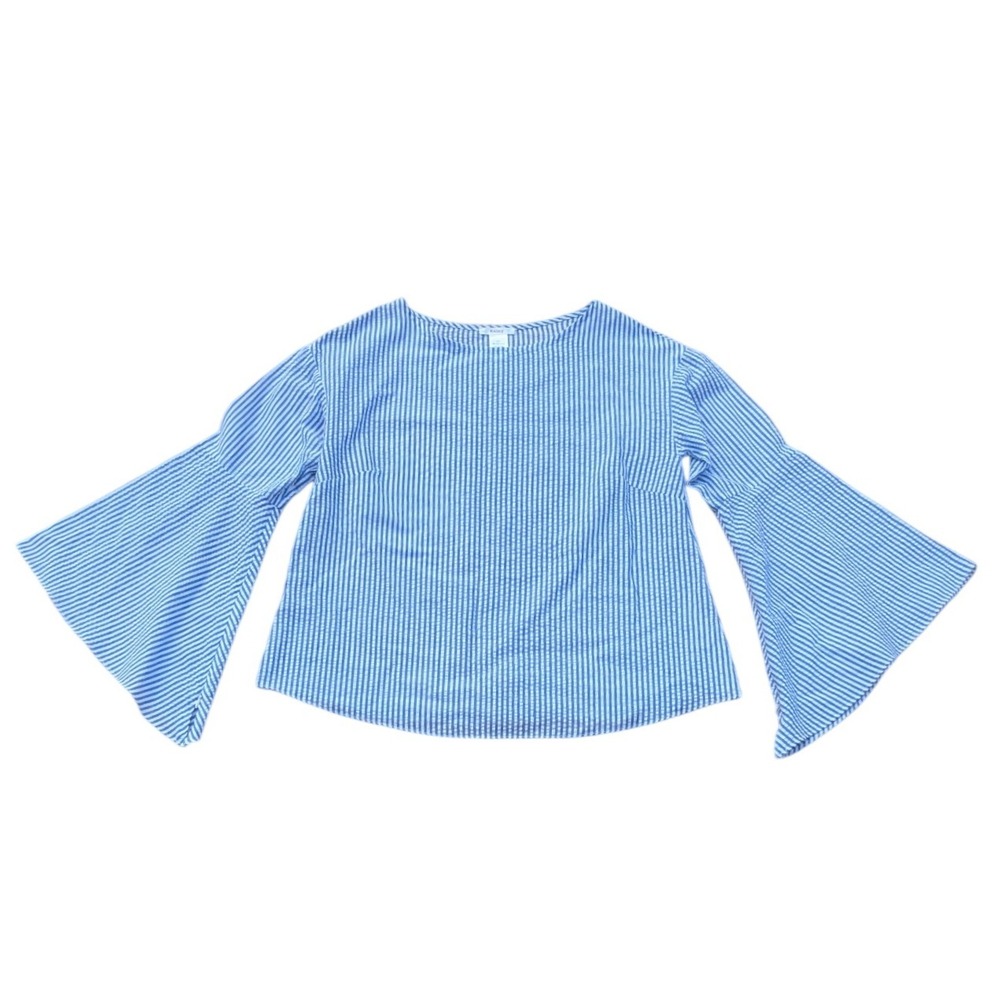 Esley Blouse Seersucker Nautical Coastal Cowgirl Striped Bell Sleeve Women Large